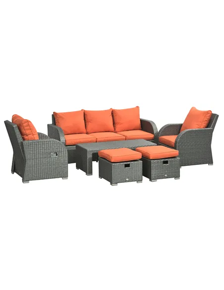 Outsunny Six-piece Outdoor Rattan Dining Set, Outdoor Sofa Set with Reclining Armchairs and Mental Frame, Orange