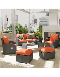 Outsunny Six-piece Outdoor Rattan Dining Set, Outdoor Sofa Set with Reclining Armchairs and Mental Frame, Orange 2