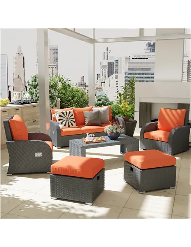 Outsunny Six-piece Outdoor Rattan Dining Set, Outdoor Sofa Set with Reclining Armchairs and Mental Frame, Orange