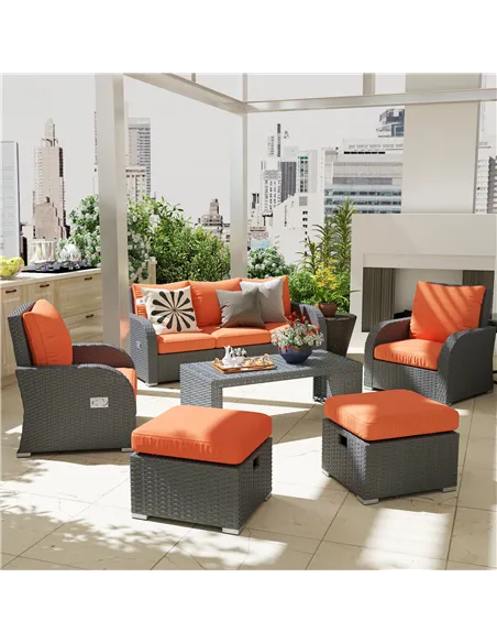 Outsunny Six-piece Outdoor Rattan Dining Set, Outdoor Sofa Set with Reclining Armchairs and Mental Frame, Orange