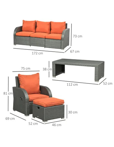 Outsunny Six-piece Outdoor Rattan Dining Set, Outdoor Sofa Set with Reclining Armchairs and Mental Frame, Orange