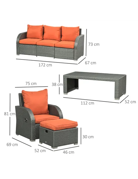 Outsunny Six-piece Outdoor Rattan Dining Set, Outdoor Sofa Set with Reclining Armchairs and Mental Frame, Orange