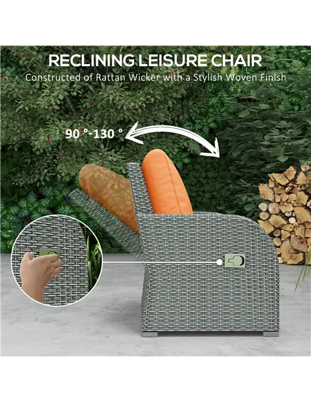 Outsunny Six-piece Outdoor Rattan Dining Set, Outdoor Sofa Set with Reclining Armchairs and Mental Frame, Orange