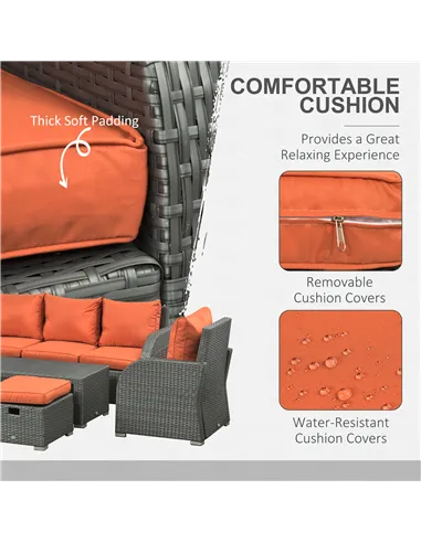 Outsunny Six-piece Outdoor Rattan Dining Set, Outdoor Sofa Set with Reclining Armchairs and Mental Frame, Orange