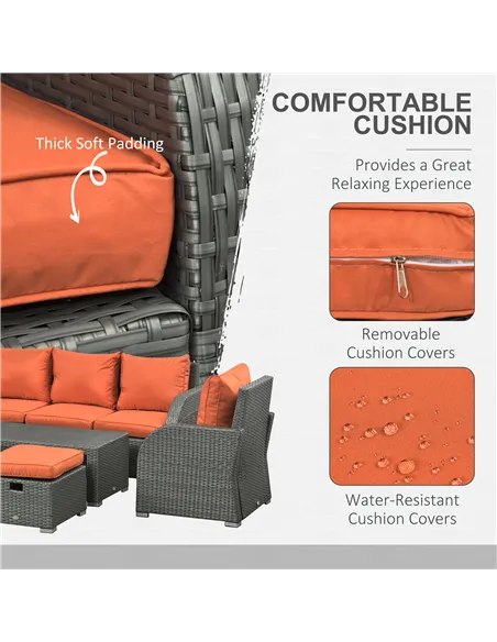 Outsunny Six-piece Outdoor Rattan Dining Set, Outdoor Sofa Set with Reclining Armchairs and Mental Frame, Orange