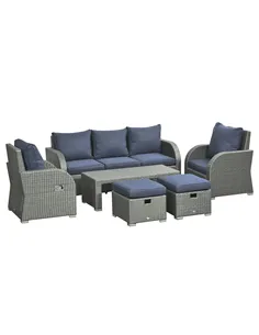 Outsunny Six-piece Outdoor Rattan Dining Set, Outdoor Sofa Set with Reclining Armchairs and Mental Frame, Blue