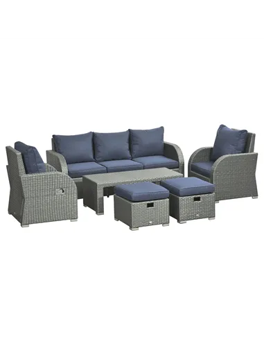 Outsunny Six-piece Outdoor Rattan Dining Set, Outdoor Sofa Set with Reclining Armchairs and Mental Frame, Blue