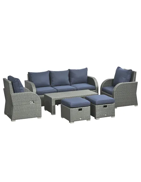 Outsunny Six-piece Outdoor Rattan Dining Set, Outdoor Sofa Set with Reclining Armchairs and Mental Frame, Blue