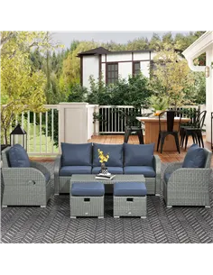 Outsunny Six-piece Outdoor Rattan Dining Set, Outdoor Sofa Set with Reclining Armchairs and Mental Frame, Blue 2