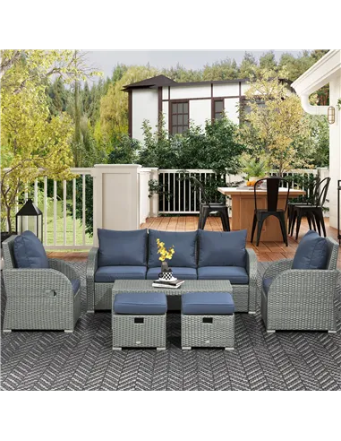 Outsunny Six-piece Outdoor Rattan Dining Set, Outdoor Sofa Set with Reclining Armchairs and Mental Frame, Blue