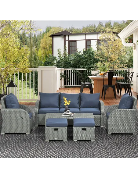 Outsunny Six-piece Outdoor Rattan Dining Set, Outdoor Sofa Set with Reclining Armchairs and Mental Frame, Blue