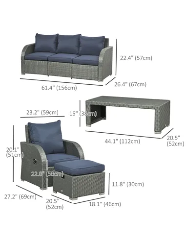 Outsunny Six-piece Outdoor Rattan Dining Set, Outdoor Sofa Set with Reclining Armchairs and Mental Frame, Blue