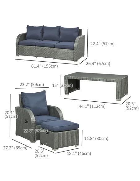 Outsunny Six-piece Outdoor Rattan Dining Set, Outdoor Sofa Set with Reclining Armchairs and Mental Frame, Blue