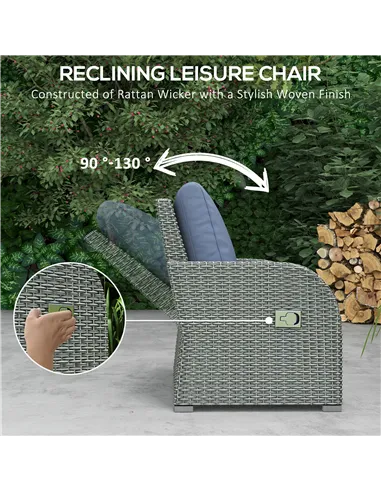 Outsunny Six-piece Outdoor Rattan Dining Set, Outdoor Sofa Set with Reclining Armchairs and Mental Frame, Blue