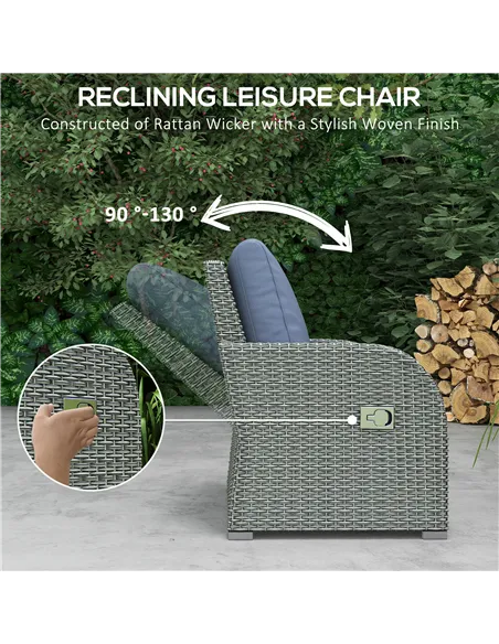 Outsunny Six-piece Outdoor Rattan Dining Set, Outdoor Sofa Set with Reclining Armchairs and Mental Frame, Blue