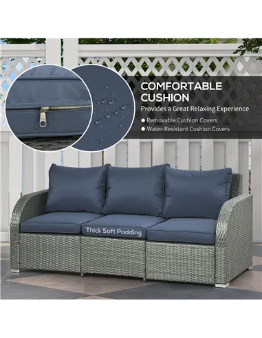 Outsunny Six-piece Outdoor Rattan Dining Set, Outdoor Sofa Set with Reclining Armchairs and Mental Frame, Blue