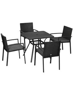 Outsunny Five-Piece Garden Dining Set, with Rattan Seat Chairs and Cushions - Black