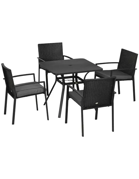 Outsunny Five-Piece Garden Dining Set, with Rattan Seat Chairs and Cushions - Black