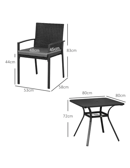 Outsunny Five-Piece Garden Dining Set, with Rattan Seat Chairs and Cushions - Black