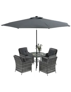Outsunny 4 Seater Rattan Dining Set with Parasol & Cushions - Mixed Grey