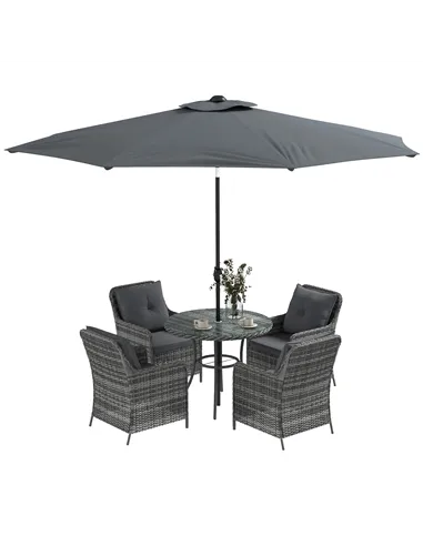 Outsunny 4 Seater Rattan Dining Set with Parasol & Cushions - Mixed Grey