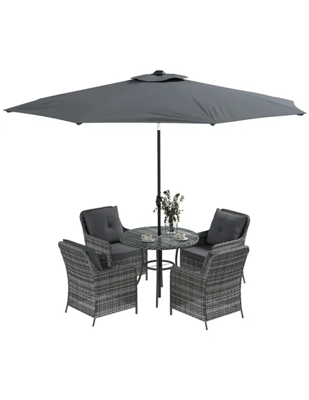 Outsunny 4 Seater Rattan Dining Set with Parasol & Cushions - Mixed Grey
