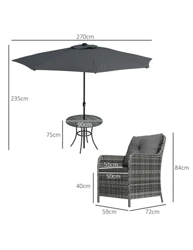 Outsunny 4 Seater Rattan Dining Set with Parasol & Cushions - Mixed Grey