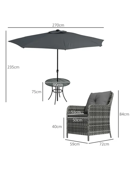 Outsunny 4 Seater Rattan Dining Set with Parasol & Cushions - Mixed Grey