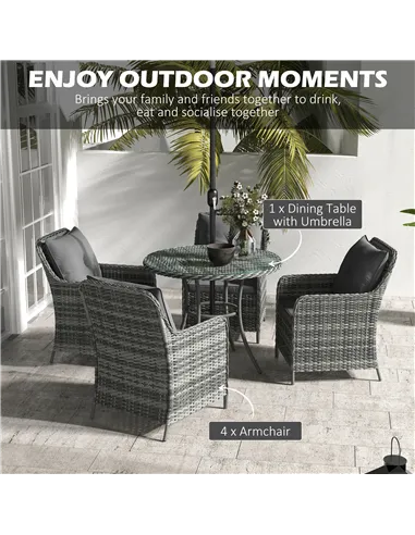 Outsunny 4 Seater Rattan Dining Set with Parasol & Cushions - Mixed Grey