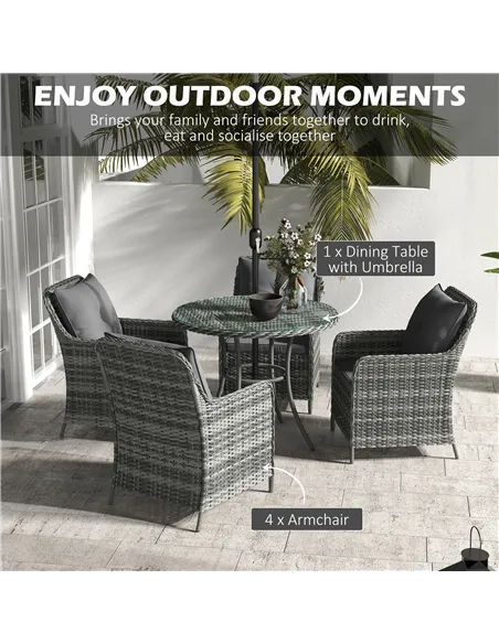 Outsunny 4 Seater Rattan Dining Set with Parasol & Cushions - Mixed Grey