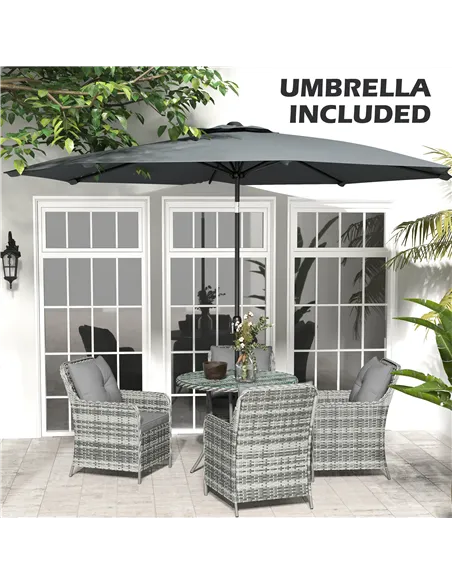 Outsunny 4 Seater Rattan Dining Set with Parasol & Cushions - Mixed Grey