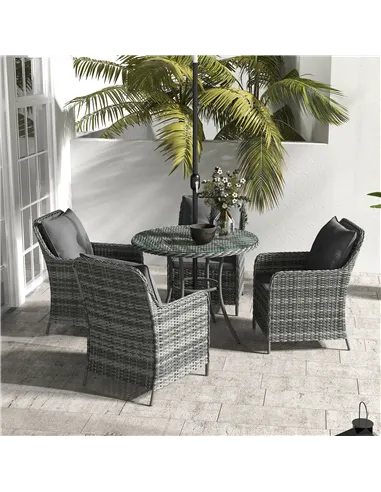 Outsunny 4 Seater Rattan Dining Set with Parasol & Cushions - Mixed Grey
