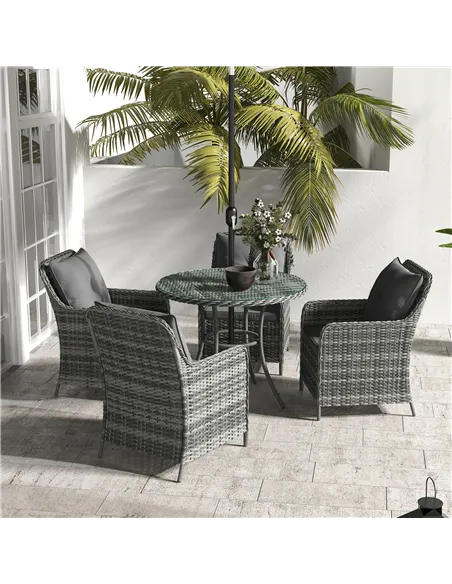 Outsunny 4 Seater Rattan Dining Set with Parasol & Cushions - Mixed Grey