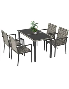 Outsunny Outdoor Dining Set 5 Pieces Patio Conservatory with Tempered Glass Tabletop,4 Dining Chairs - Mixed Grey