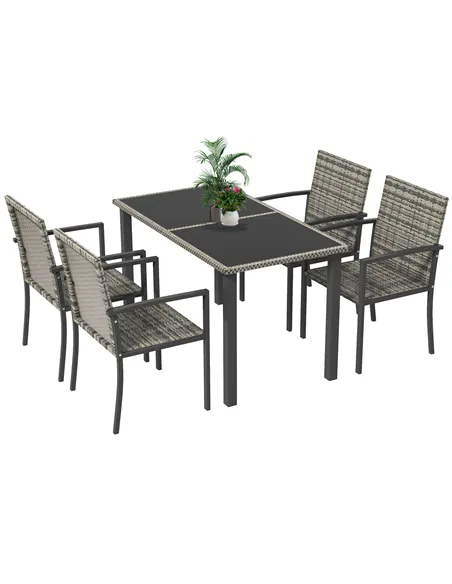 Outsunny Outdoor Dining Set 5 Pieces Patio Conservatory with Tempered Glass Tabletop,4 Dining Chairs - Mixed Grey