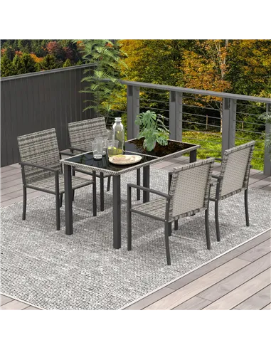 Outsunny Outdoor Dining Set 5 Pieces Patio Conservatory with Tempered Glass Tabletop,4 Dining Chairs - Mixed Grey