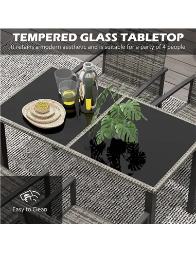 Outsunny Outdoor Dining Set 5 Pieces Patio Conservatory with Tempered Glass Tabletop,4 Dining Chairs - Mixed Grey