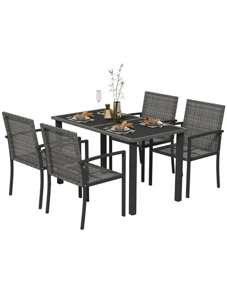 Outsunny Outdoor Dining Set 5 Pieces Patio Conservatory with Tempered Glass Tabletop,4 Dining Chairs - Grey