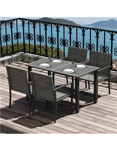 Outsunny Outdoor Dining Set 5 Pieces Patio Conservatory with Tempered Glass Tabletop,4 Dining Chairs - Grey