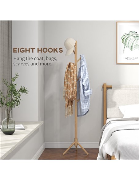 HOMCOM Eight-Hook Wooden Coat Rack - Natural