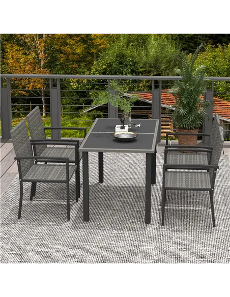 Outsunny Outdoor Dining Set 5 Pieces Patio Conservatory with Tempered Glass Tabletop,4 Dining Chairs - Grey