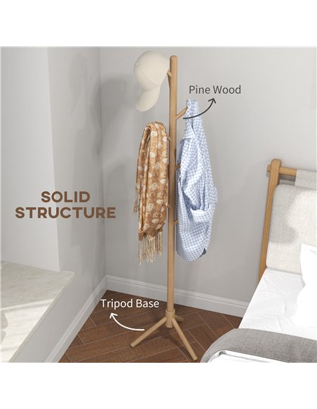 HOMCOM Eight-Hook Wooden Coat Rack - Natural