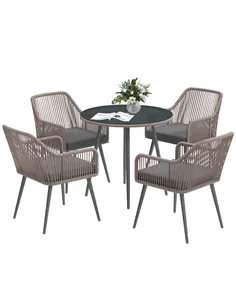 Outsunny 4 Seater Rattan Dining Set, Rattan Garden Furniture Set with Parasol Hole, Outdoor Dining Table and Chairs Set with Cus