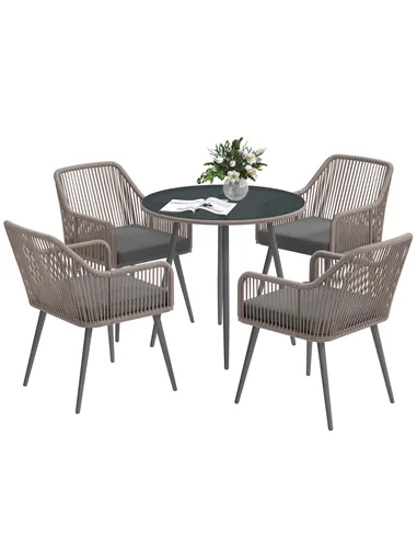 Outsunny 4 Seater Rattan Dining Set, Rattan Garden Furniture Set with Parasol Hole, Outdoor Dining Table and Chairs Set with Cus
