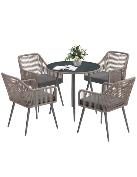 Outsunny 4 Seater Rattan Dining Set, Rattan Garden Furniture Set with Parasol Hole, Outdoor Dining Table and Chairs Set with Cus