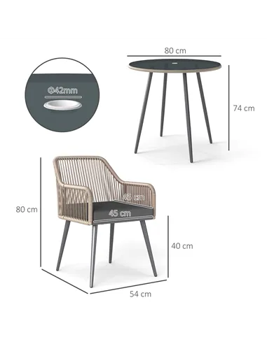 Outsunny 4 Seater Rattan Dining Set, Rattan Garden Furniture Set with Parasol Hole, Outdoor Dining Table and Chairs Set with Cus