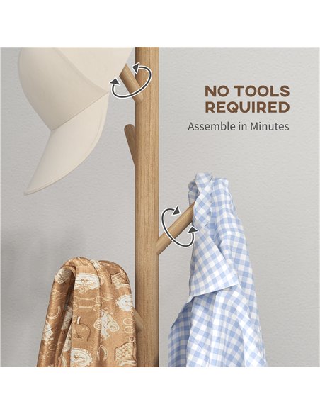 HOMCOM Eight-Hook Wooden Coat Rack - Natural