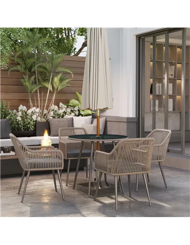 Outsunny 4 Seater Rattan Dining Set, Rattan Garden Furniture Set with Parasol Hole, Outdoor Dining Table and Chairs Set with Cus