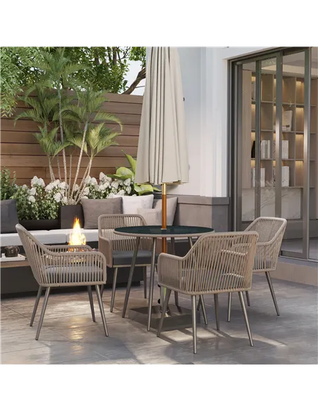 Outsunny 4 Seater Rattan Dining Set, Rattan Garden Furniture Set with Parasol Hole, Outdoor Dining Table and Chairs Set with Cus