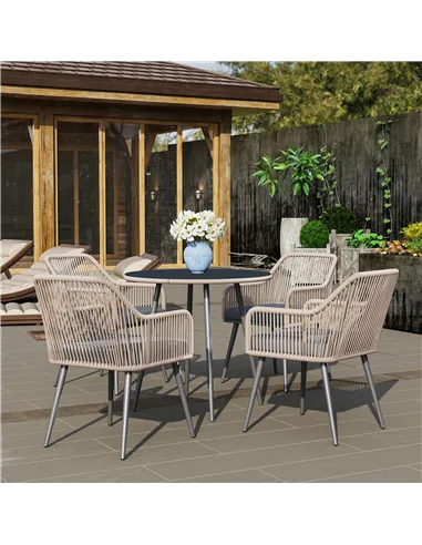 Outsunny 4 Seater Rattan Dining Set, Rattan Garden Furniture Set with Parasol Hole, Outdoor Dining Table and Chairs Set with Cus